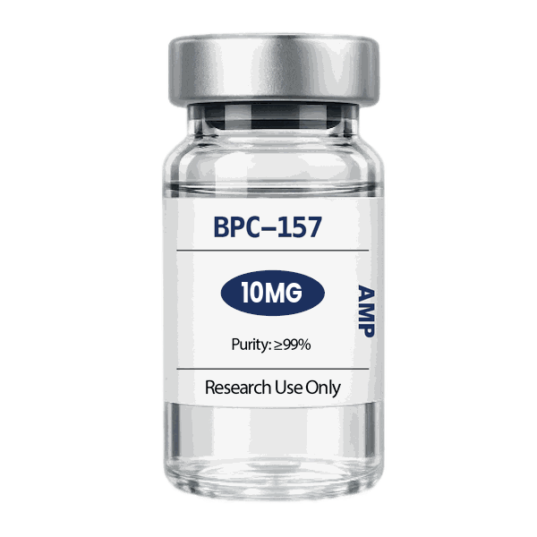 BPC-157 10mg research peptide vial — 99%+ HPLC purity, lyophilised powder for tissue repair studies